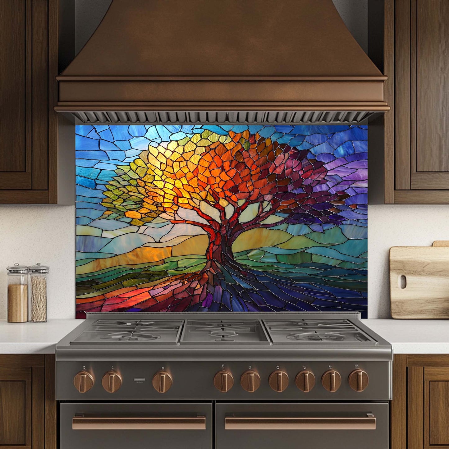 Stained Glass Look Tree of Seasons Backsplash – Tempered Glass Backsplash for Kitchen