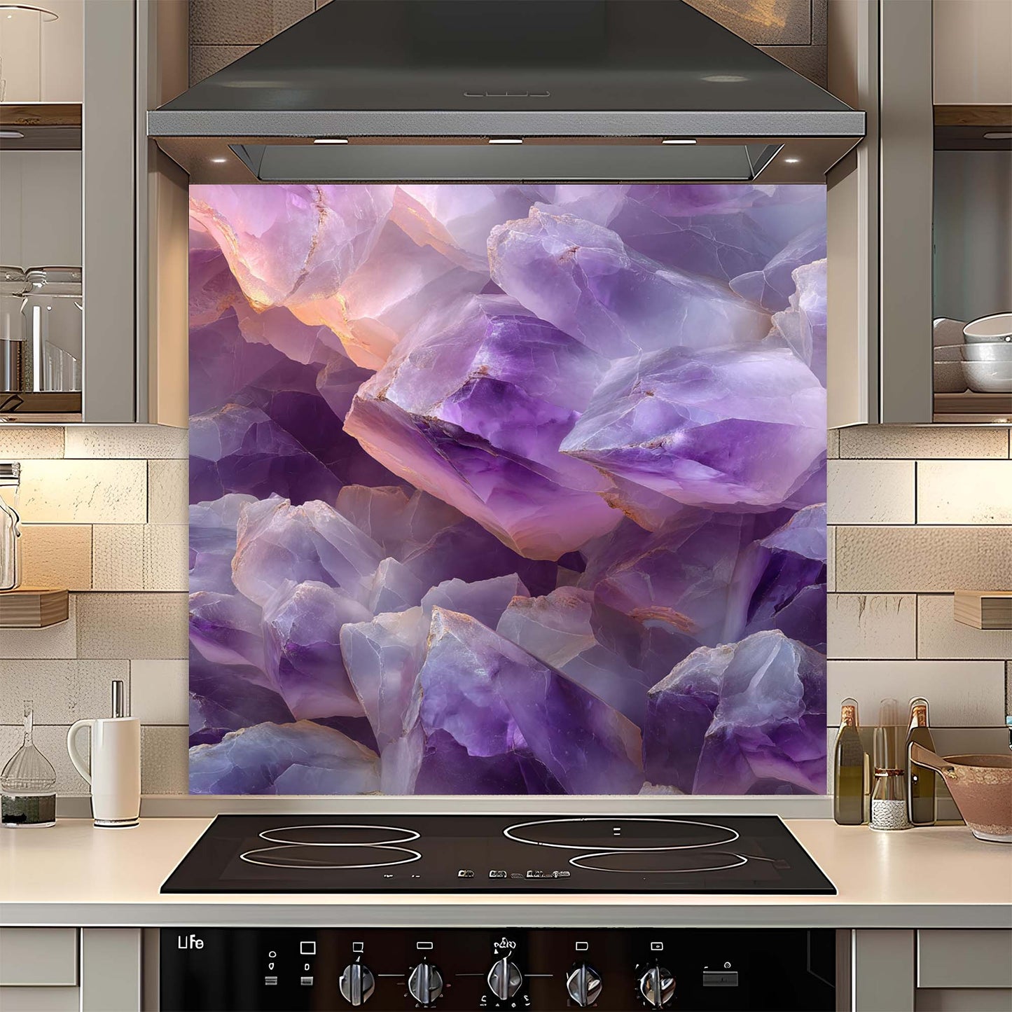 Amethyst Aura – Tempered Glass Backsplash for Kitchen | Spiritual Luxe Design Backsplash