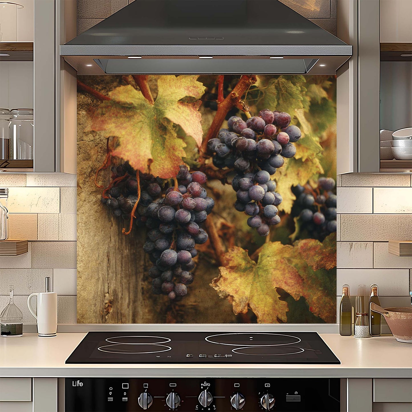 Tuscan Vineyard – Tempered Glass Backsplash for Kitchen – Rustic Wine Grapes Splashback