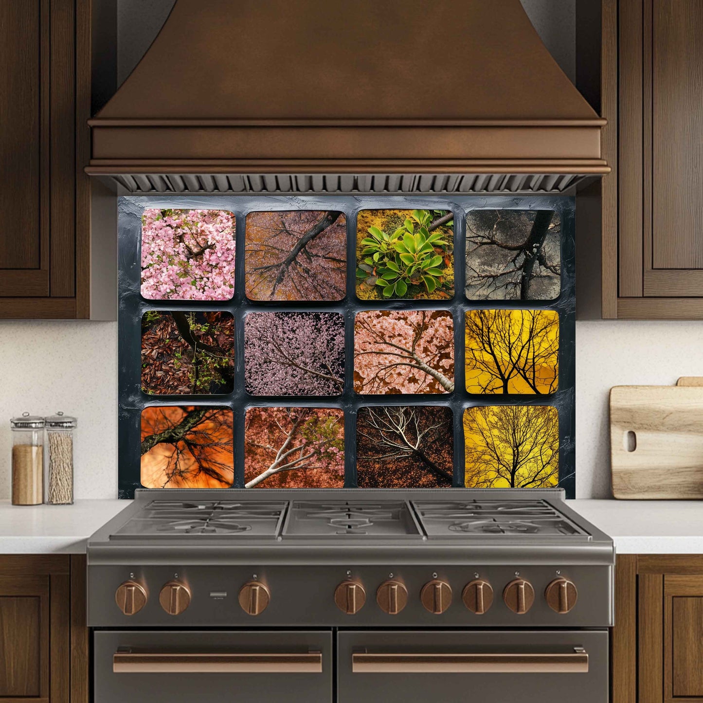 Seasonal Canopy – Tempered Glass Backsplash for Kitchen | Floral Tree Silhouette Abstract