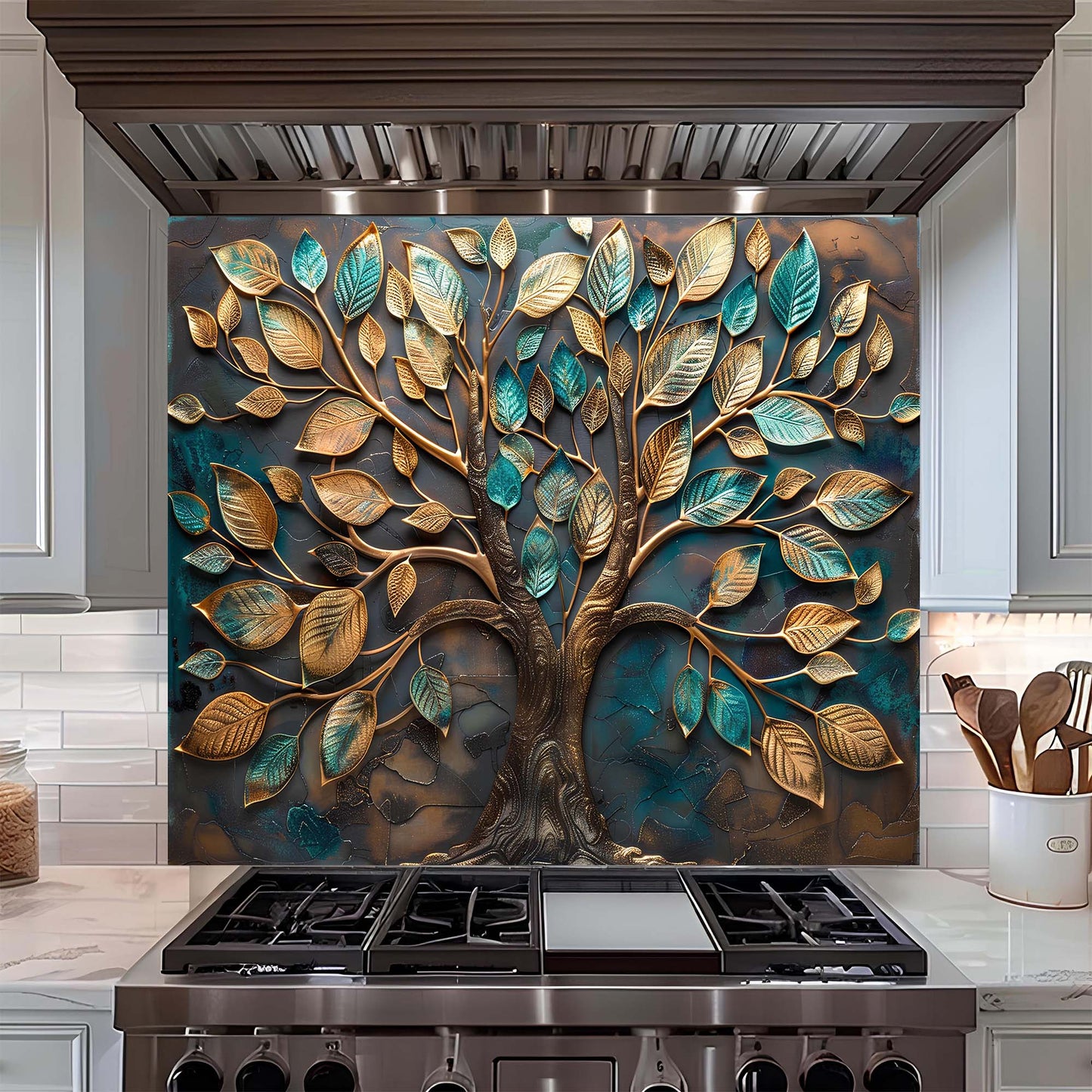 Custom Kitchen Backsplash – Golden Grove Tempered Glass Stove Backsplash
