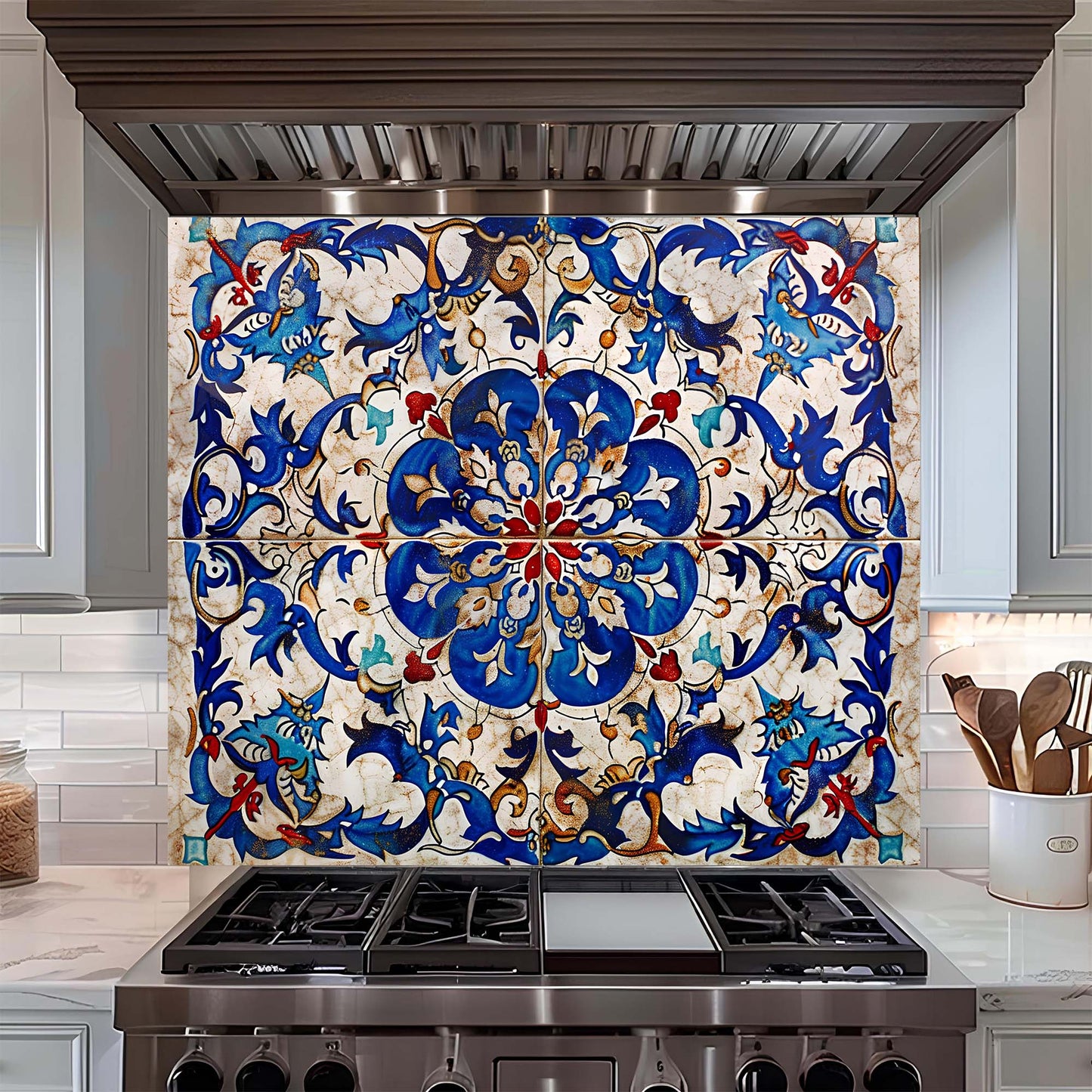 Custom Kitchen Backsplash – Ottoman Blue Tile Tempered Glass Stove Backsplash