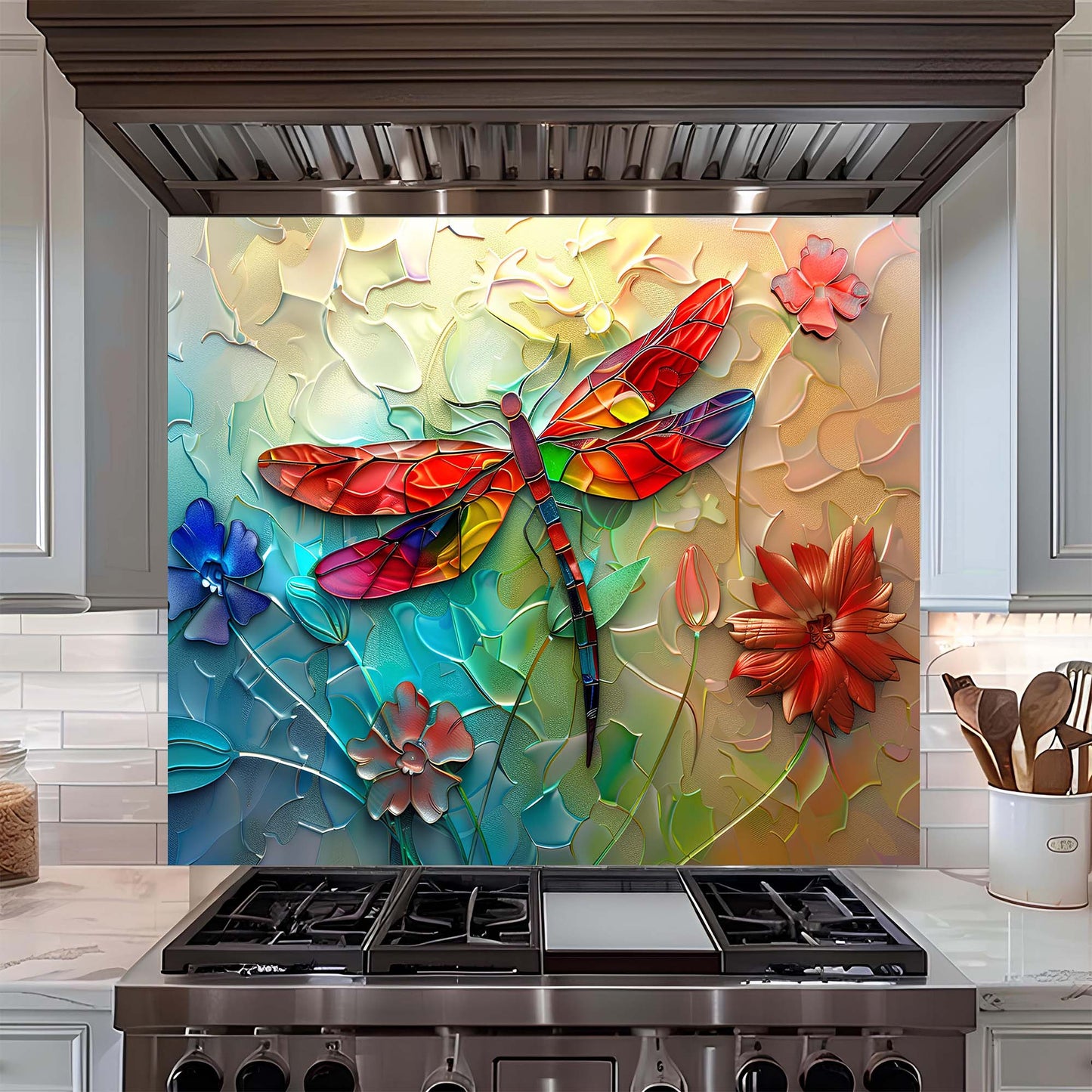 Custom Kitchen Backsplash – Rainbow Dragonfly Tempered Glass Stove Backsplash