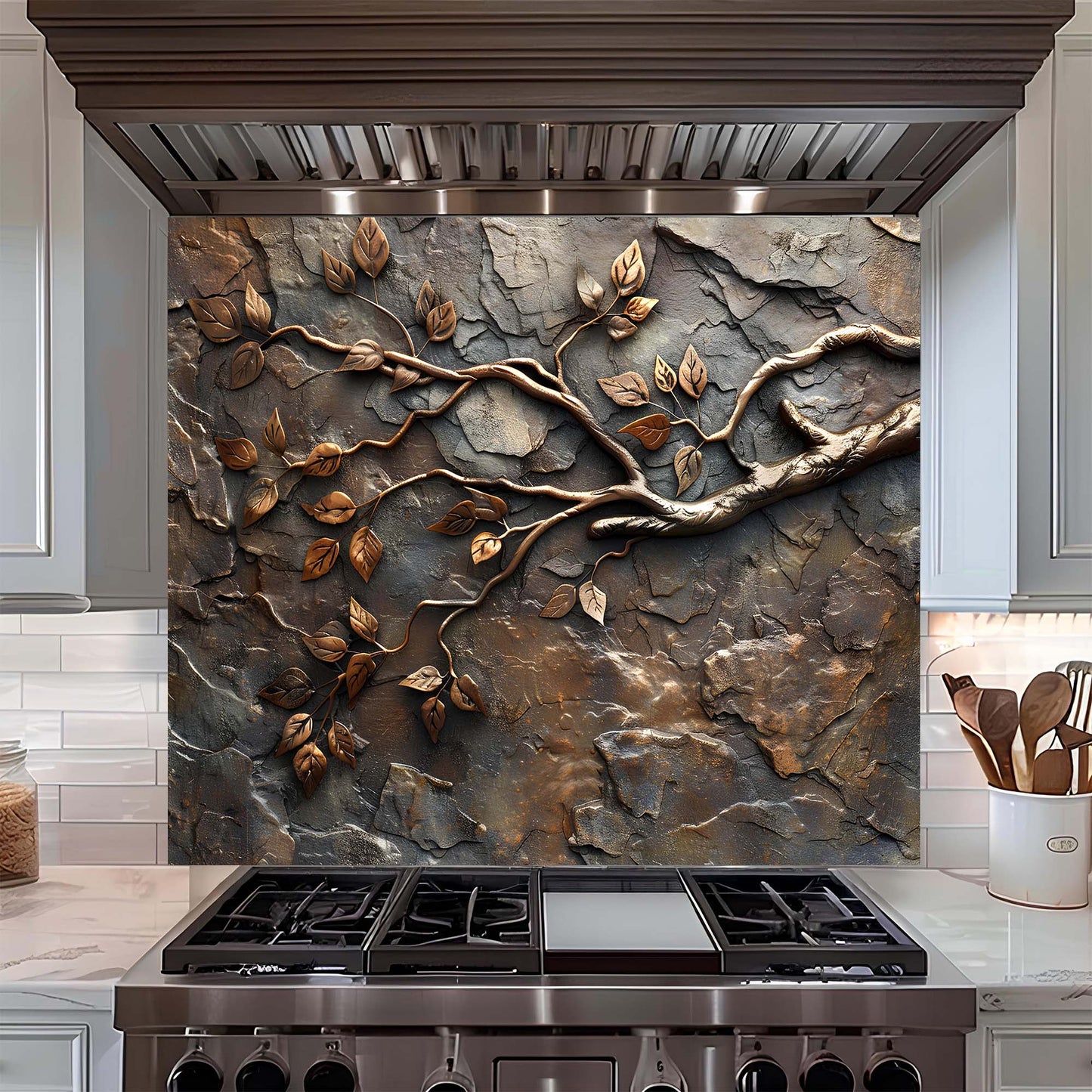 Custom Kitchen Backsplash – Bronze Branches Tempered Glass Stove Backsplash