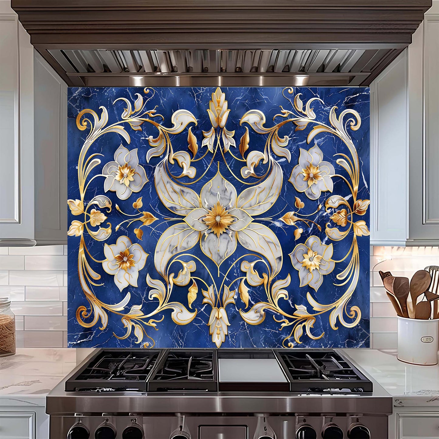 Custom Kitchen Backsplash – Imperial Bloom Tempered Glass Stove Backsplash