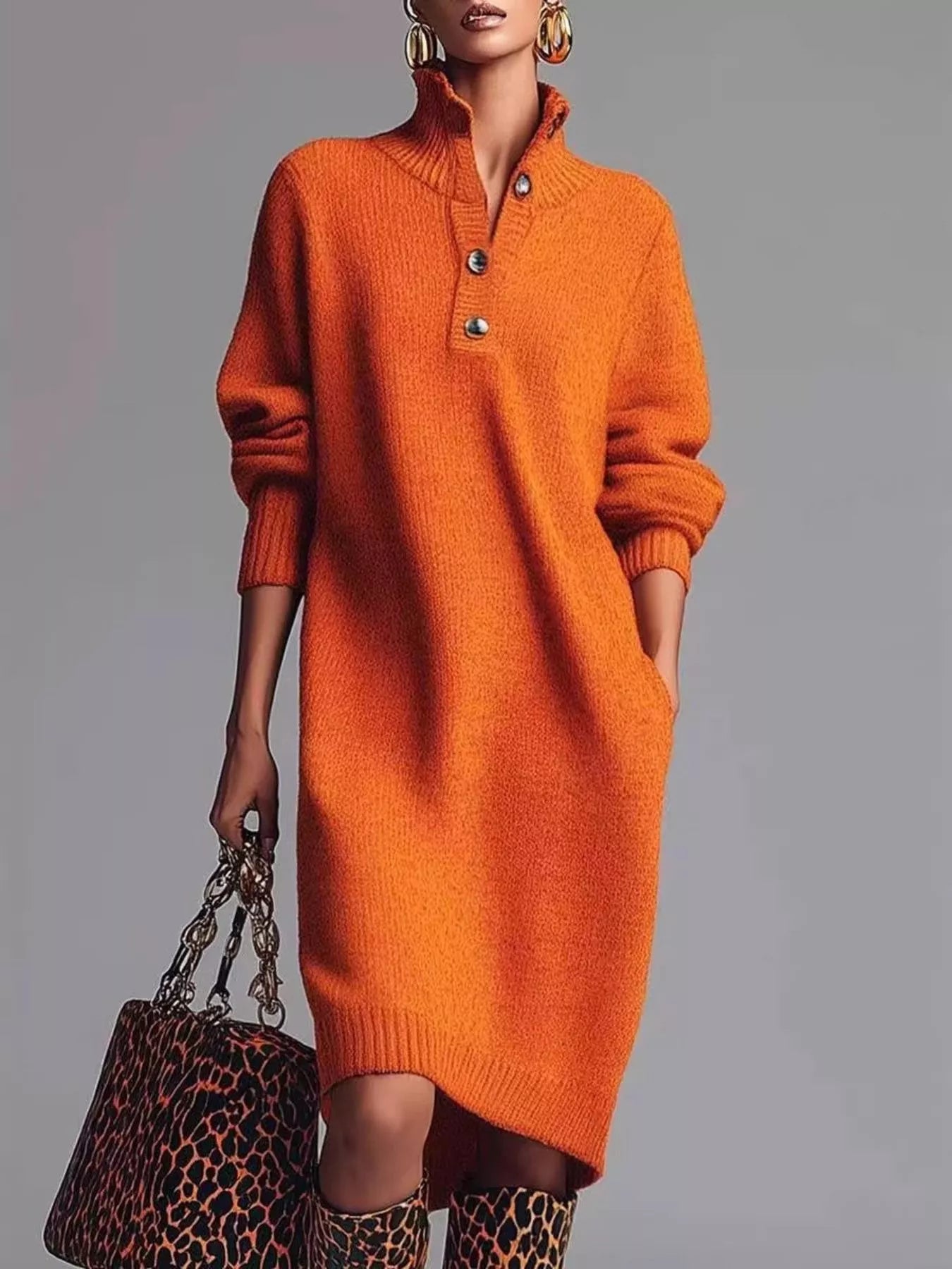 Full Size Button-Front Ribbed Knit Sweater Dress Plus Size