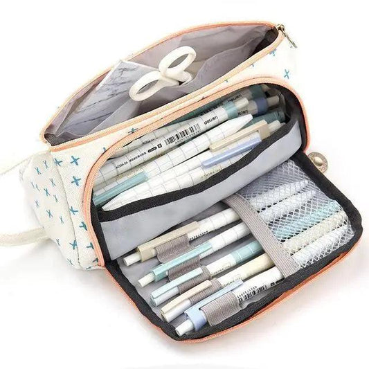 Big Storage Large Capacity Pencil Case Kids Pencil Bag For Students Vintage Grid Print Fabric Stationary Bag School Supply