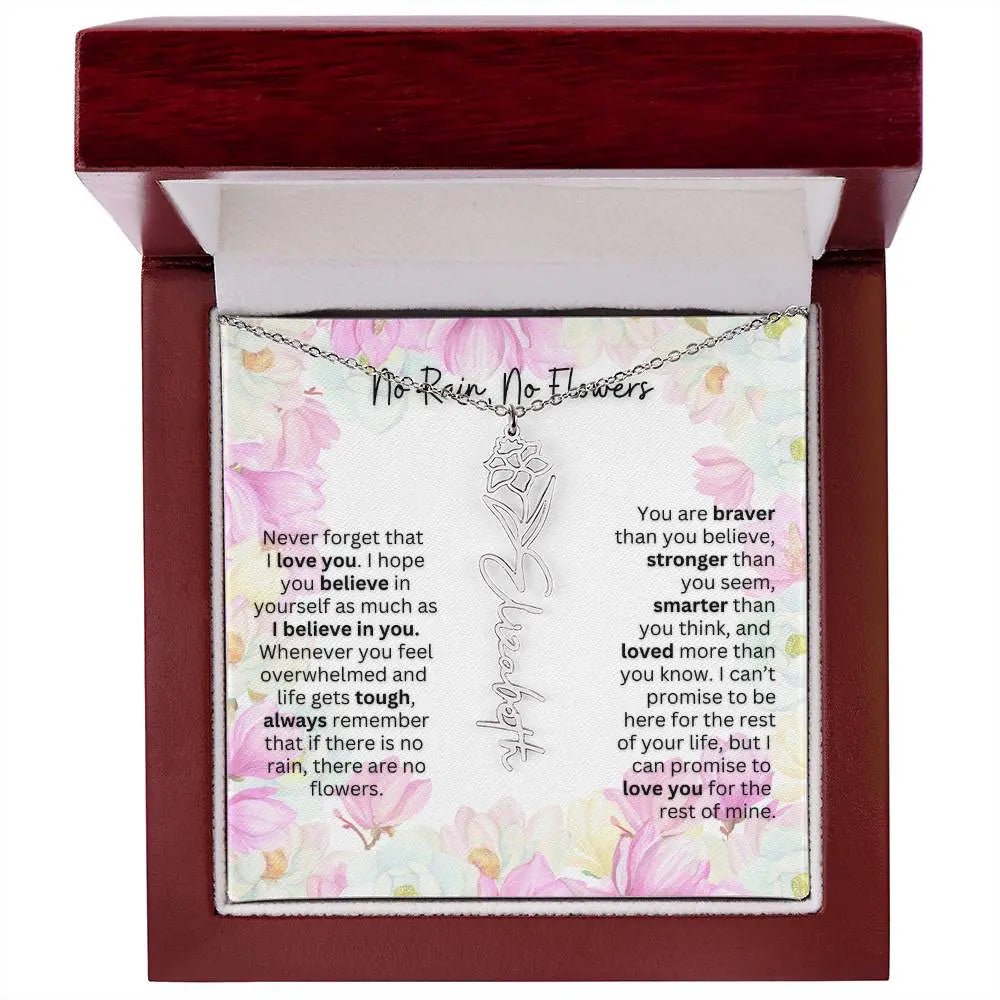 Birth Flower Necklace With Name I No Rain - No Flowers | Special Gift for Granddaughter
