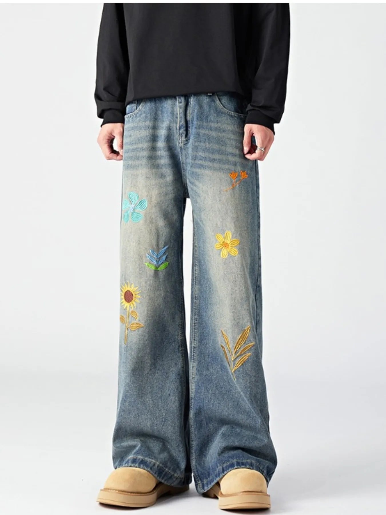 Men's Plus Size Floral Wide Leg Jeans