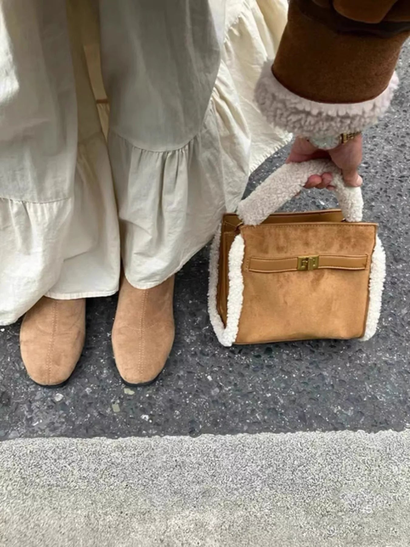 Sherpa Trim Suede Crossbody Bag