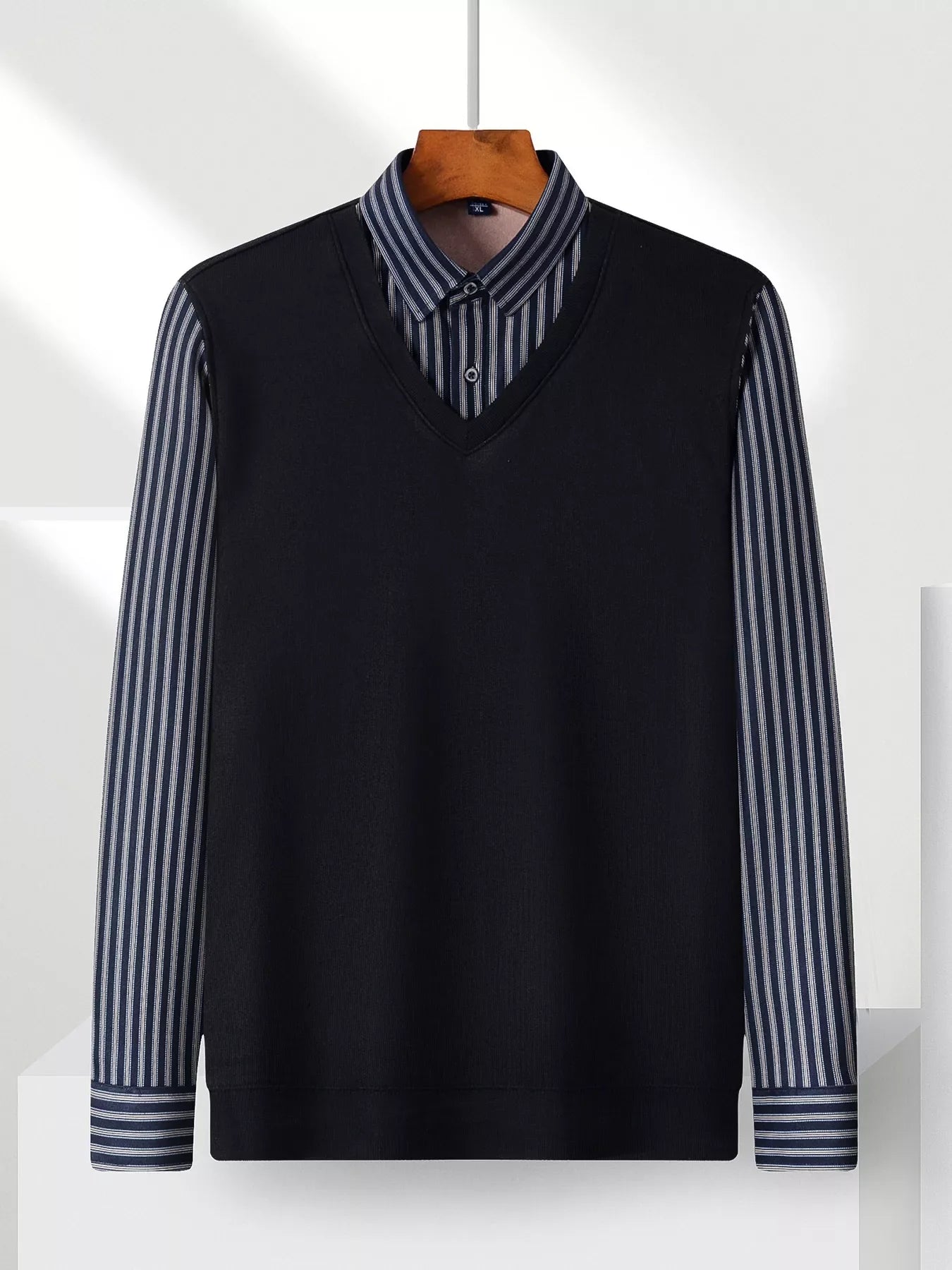 Men's Plus Size Striped Long Sleeve Fake Two-Piece Knit Top