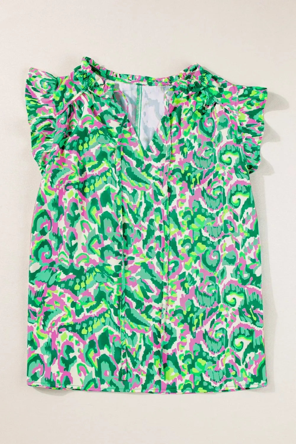 Abstract Print Ruffled Trim Tie Neck Top