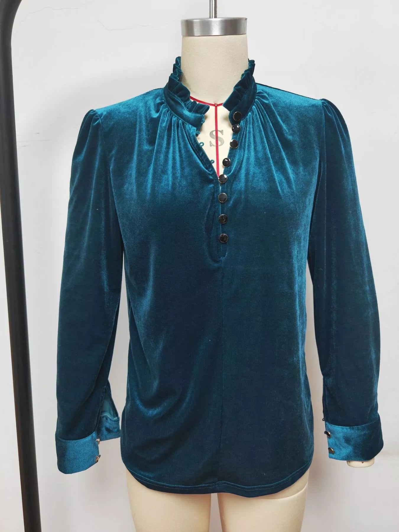 Elegant Velvet Ruffle Neck Blouse