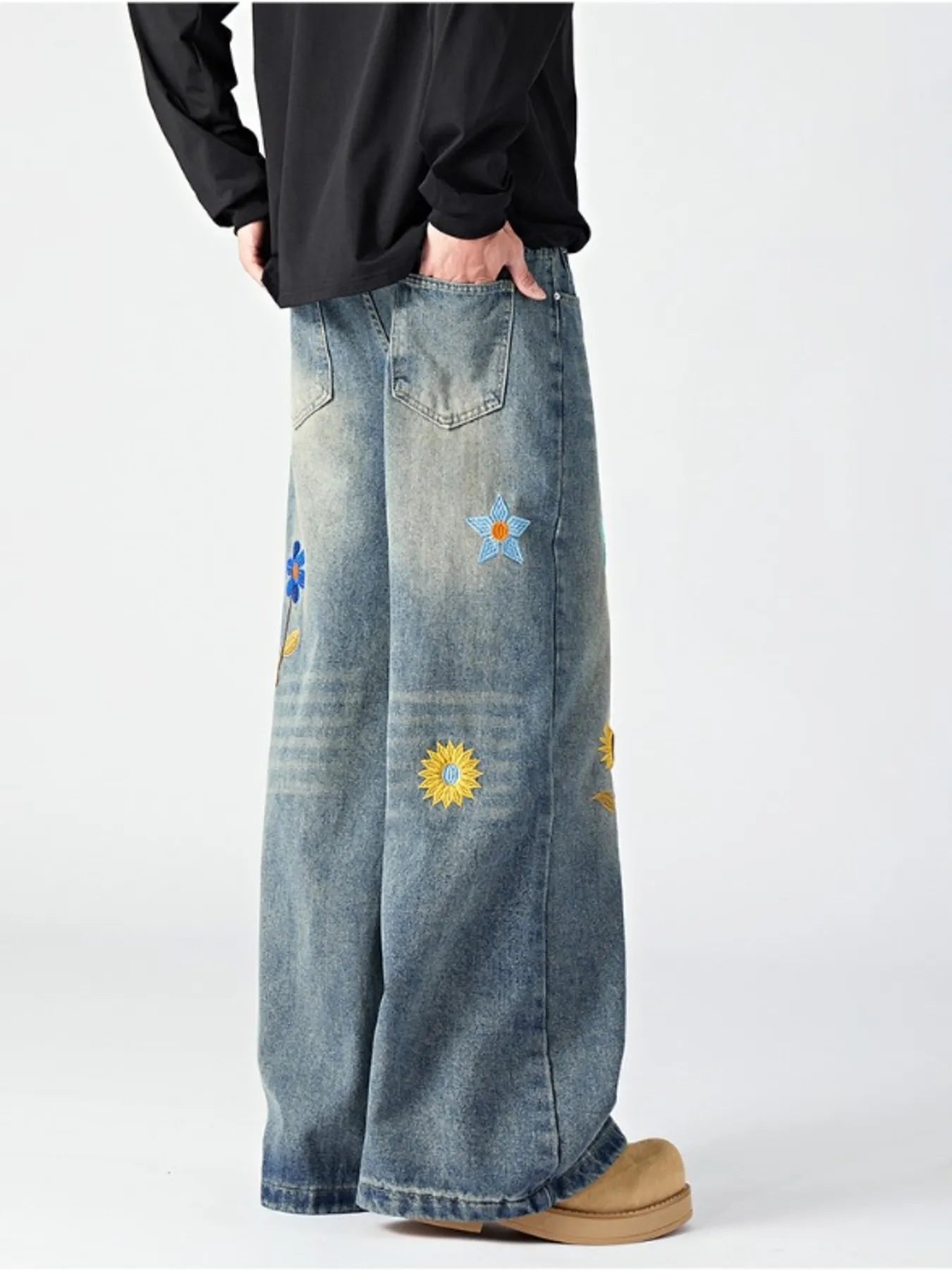 Men's Plus Size Floral Wide Leg Jeans