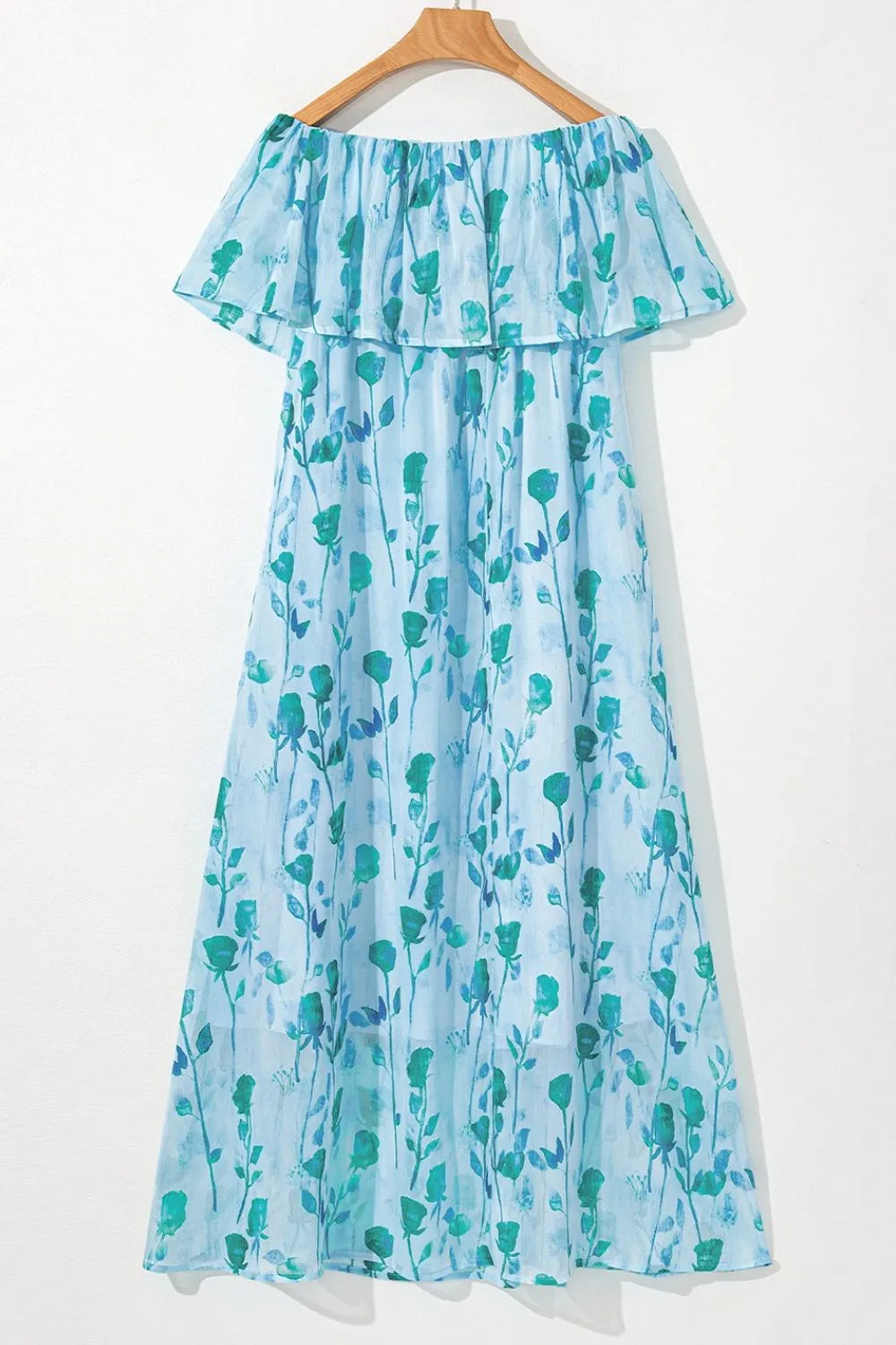 Floral Print Ruffled Side Slit Tube Top Maxi Dress