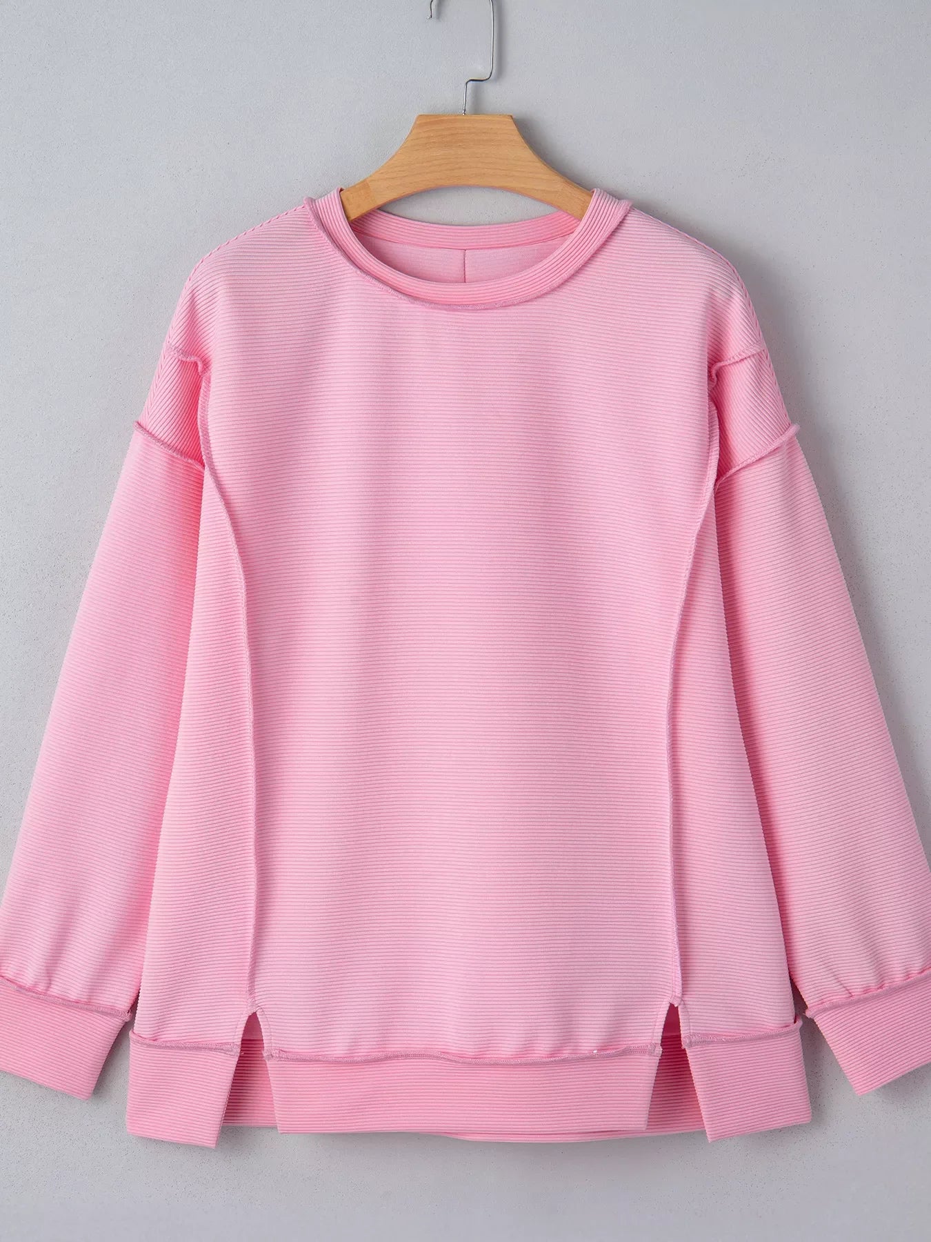 Horizontal Ribbed Exposed Seam Detail Drop Shoulder Baggy Pullover