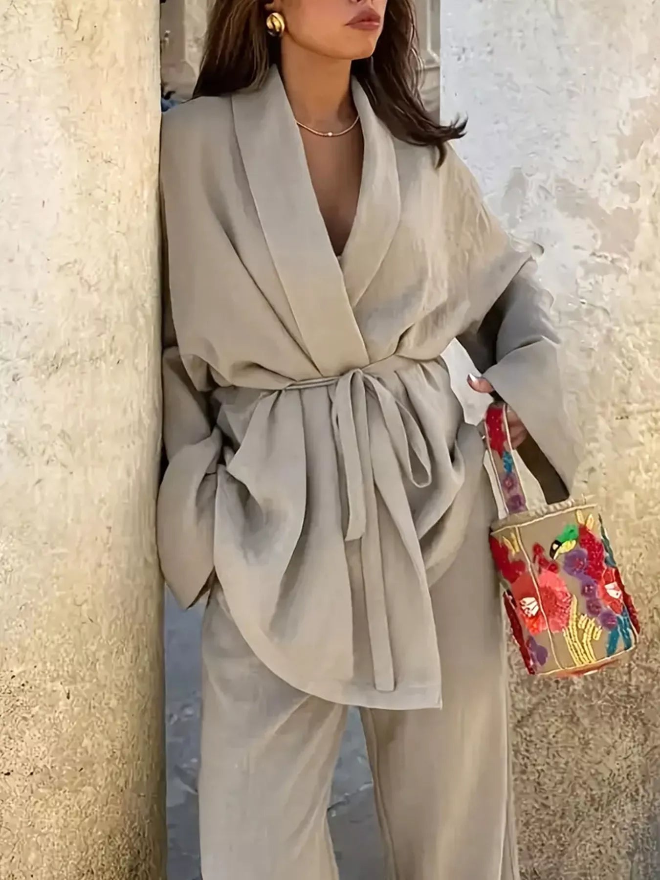 Plus Size Belt Long Sleeve Blazer and Pants Set