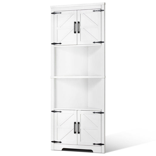 68" Corner Storage Cabinet with 4 Wooden Doors & Adjustable Shelves White
