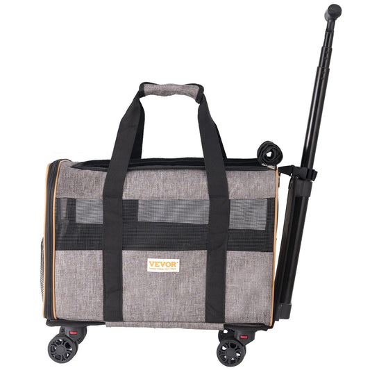 Cat Carrier with Wheels, Airline Approved Rolling Pet Carrier with Telescopic Handle and Shoulder Strap, Dog Carrier with Wheels for Pets under 22 lbs, with 1 Folding Bowl, Grey