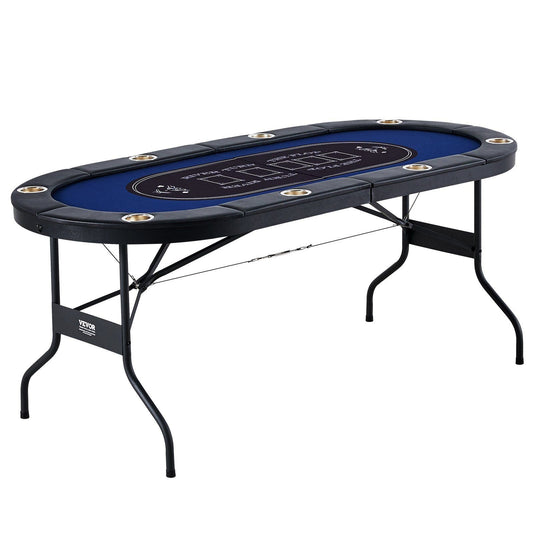 8 Player Foldable Poker Table, Blackjack Texas Holdem Poker Table with Padded Rails and Stainless Steel Cup Holders, Portable Folding Card Board Game Table, 72" Oval Casino Leisure Table, Blue