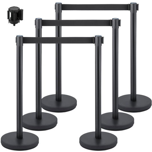 Crowd Control Stanchion, Set of 6 Pieces Stanchion Set, Stanchion Set with 6.6 ft/2 m Black Retractable Belt, Black Crowd Control Barrier w/Concrete and Metal Base - Easy Connect Assembly