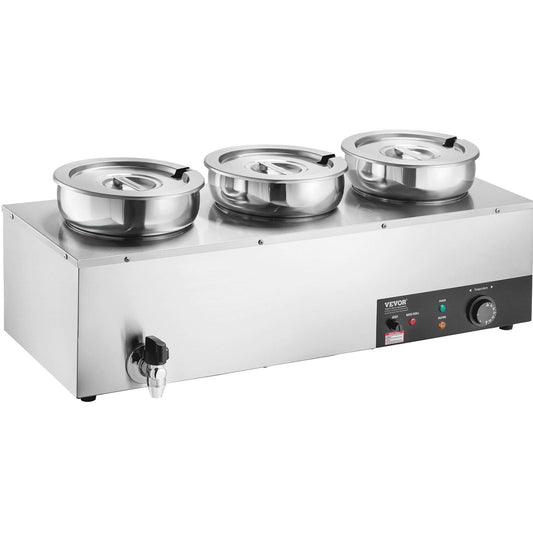 Electric Soup Warmer, Three 7.4QT Stainless Steel Round Pot 86~185°F Adjustable Temp, 1200W Commercial Bain Marie with Anti-dry Burn and Reset Button, Soup Station for Restaurant, Buffet, Silver