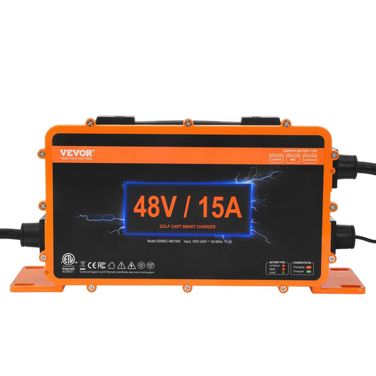 48 Volt Golf Cart Battery Charger, 15 AMP, Smart Battery Charger with RXV Plug, Compatible with Lead-Acid AGM/GEL/EFB MF Flooded NMC LiFePO4 Batteries for EZGO TXT, IP67 Waterproof ETL Certified