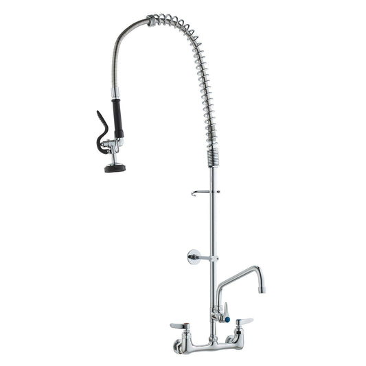 Commercial Faucet with Pre-Rinse Sprayer, 44" Height, 8" Center, 12" Swing Spout, Wall Mount Kitchen Sink Faucet, Brass Constructed Device with Pull Down Spray, for 1/2/3 Compartment Sink