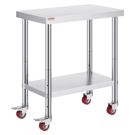 30x18x34 Inch Stainless Steel Work Table 3-Stage Adjustable Shelf with 4 Wheels Heavy Duty Commercial Food Prep Worktable with Brake for Kitchen Prep Work