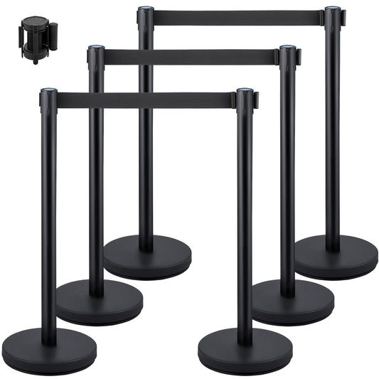 6 PCS Black Stanchion Posts Stainless Steel Stanchion Queue Post Black Belt Retractable 36In for Both Indoor and Outdoor use.