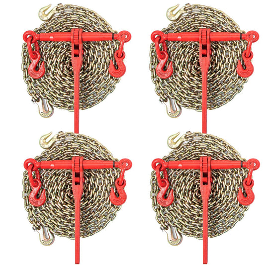 Chain Load Binder, 5/16" Tie Down Kit w/ 6600LBS Working Load Capacity and Two Grab Hooks, Includes (4) Ratchet Binders - (4) 21' Grade 80 Chains, Transport Load Package for Hauling, Towing
