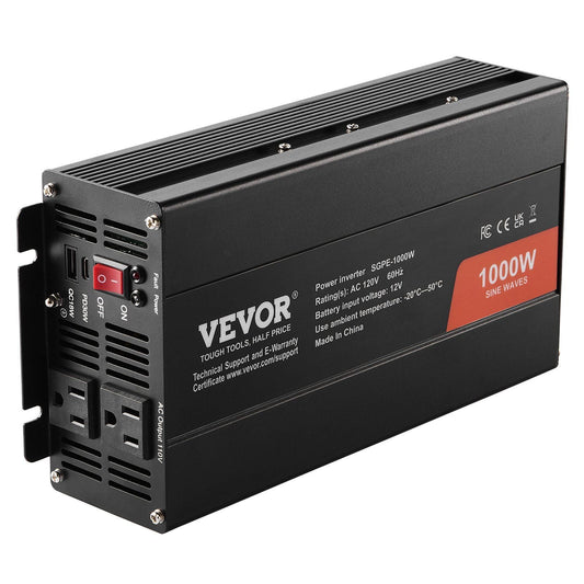 Pure Sine Wave Inverter, 1000 Watt, DC 12V to AC 120V Power Inverter with 2 AC Outlets 1 USB Port 1 Type-C Port, Remote Control for Small Home Devices like Smartphone Laptop, CE FCC Certified