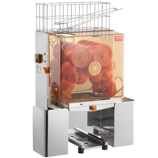 Commercial Orange Juicer Machine, 120W Automatic Juice Extractor, Stainless Steel Orange Squeezer for 20 Oranges Per Minute, with Pull-Out Filter Box, PC Cover, 2 Peel Collecting Buckets