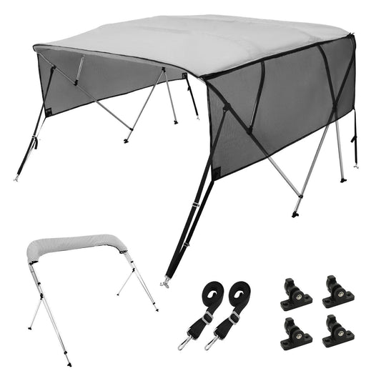 4 Bow Bimini Top Boat Cover, Detachable Mesh Sidewalls, 600D Polyester Canopy with 1" Aluminum Alloy Frame, Includes Storage Boot, 2 Straps, 2 Support Poles, 8'L x 54"H x 85"-90"W, Light Grey