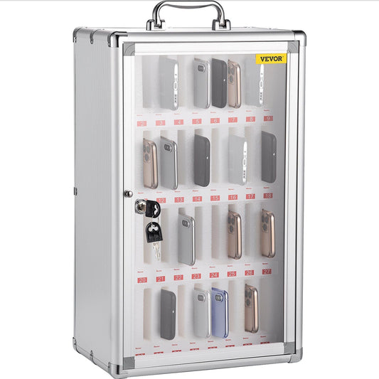36 Slots Cell Phone Cabinet Silver Aluminum Alloy Pocket Chart Storage Locker Box w/Portable Handle, Key Lock & Handwritten Tags, Wall Mounted for Classroom, Office, Gym