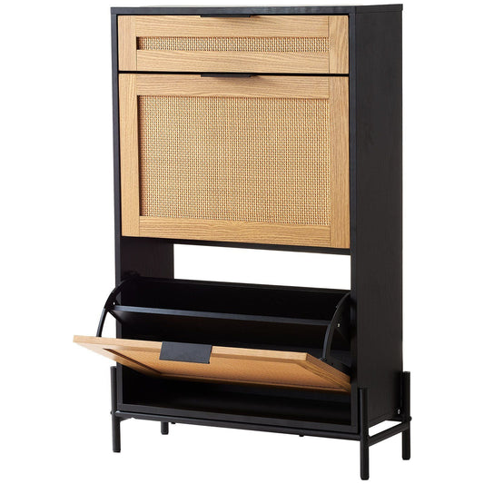 Rattan Shoe Cabinet, Narrow Shoe Storage Organizer with 2 Flip Rattan Drawers & 1 Slide Drawer, Metal Legs, Slim Shoe Entryway Cabinet Ideal for Entryway, Closet, Hallway, Black