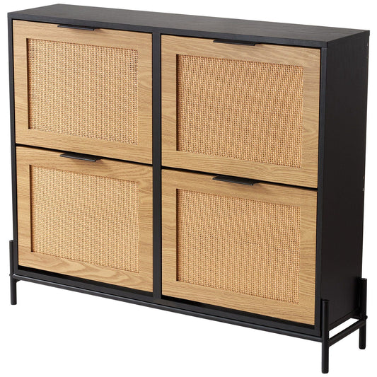Rattan Shoe Cabinet, Narrow Shoe Storage Organizer with 4 Flip Drawers, Slim Shoe Entryway Storage Cabinet with Metal Legs, Ideal for Entryway, Closet, Hallway, Light Wood Color