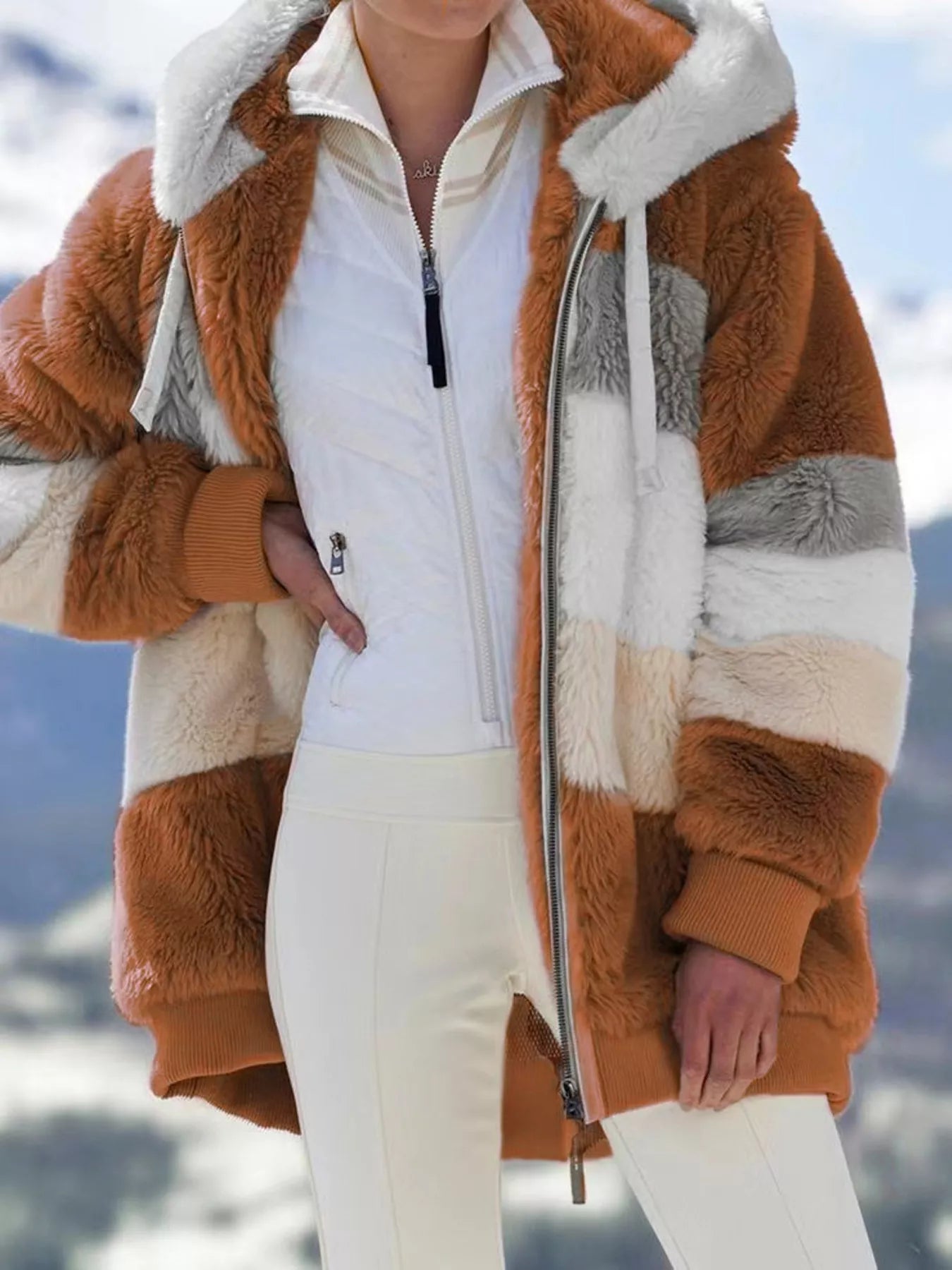 Full Size Fuzzy Zip Up Hooded Outerwear Plus Size