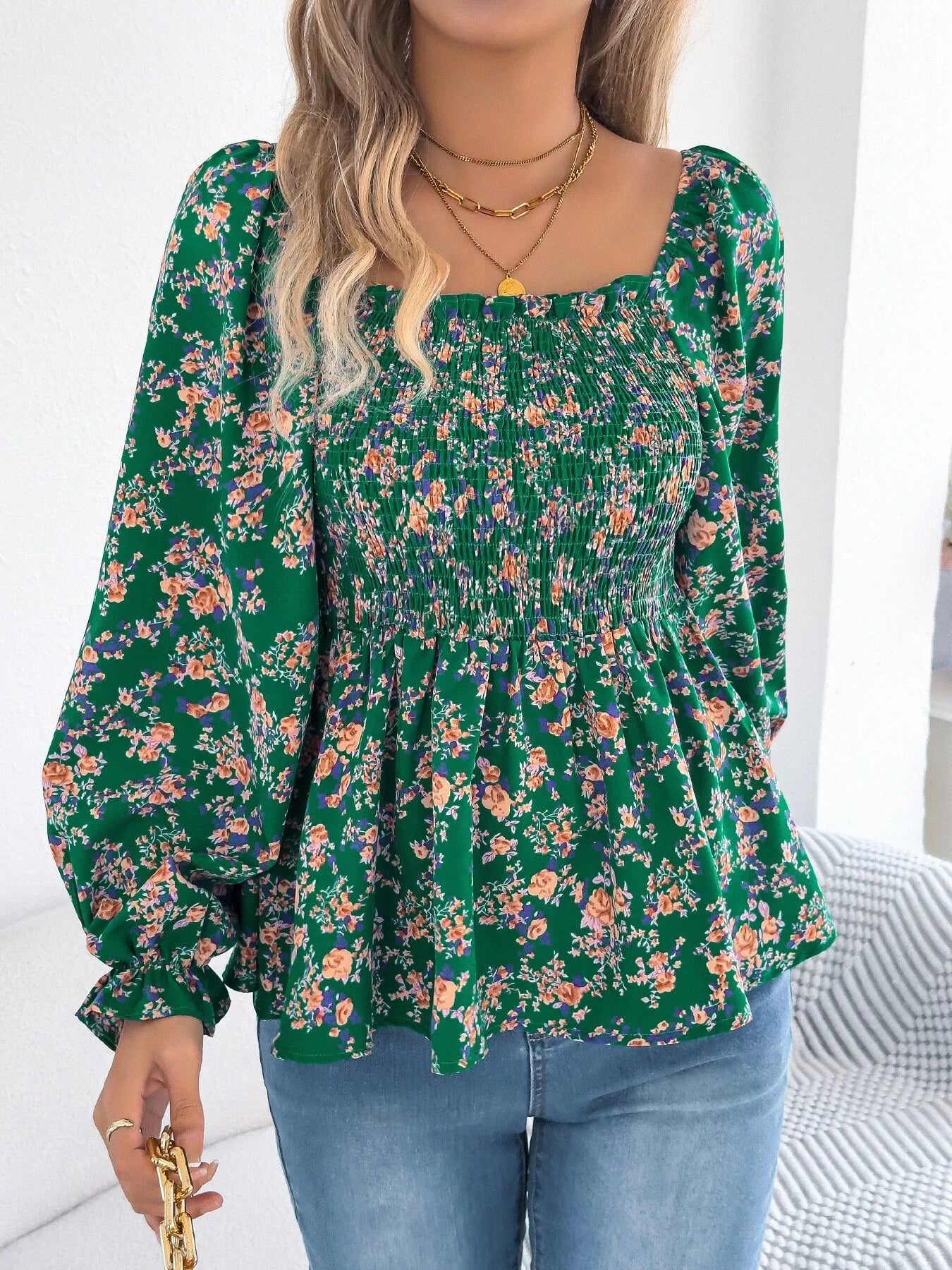 Full Size Floral Print Smocked Long Sleeve Blouse Plus Size
