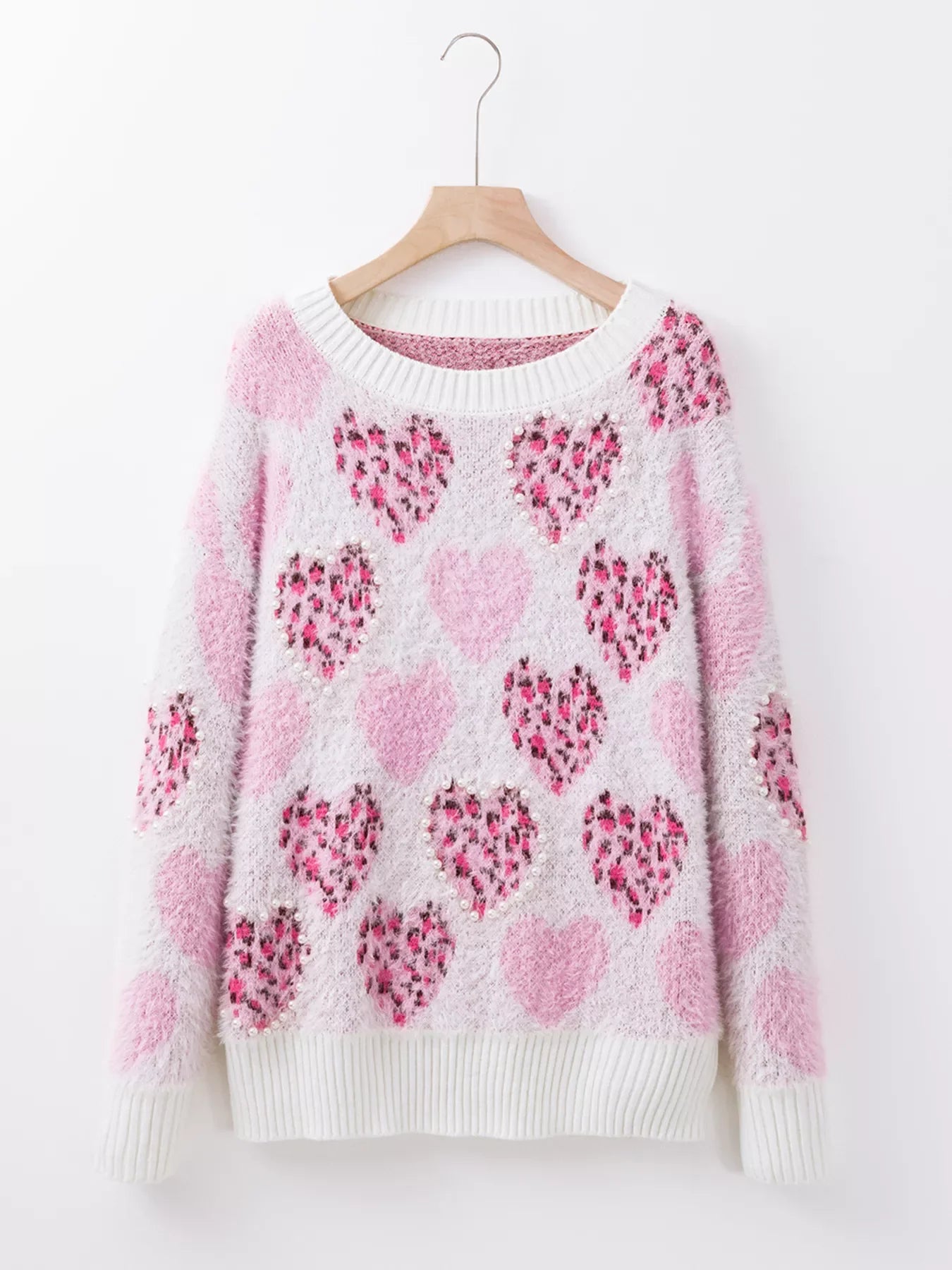 Heart Leopard Pearled Ribbed Trim Fuzzy Sweater