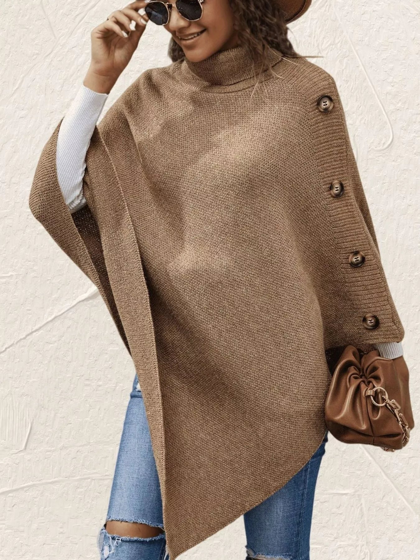 Button-Decor Turtleneck Poncho Pullover