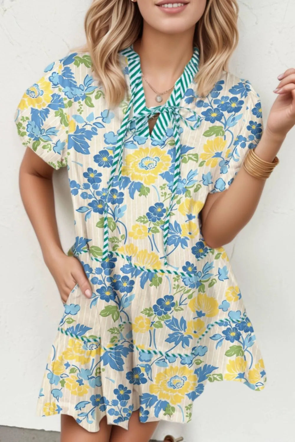 Floral Striped Trim Puff Short Sleeve Dress