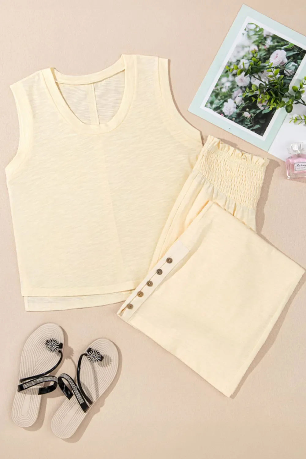 Solid Color Tank Top and Smocked Waist Pants Set