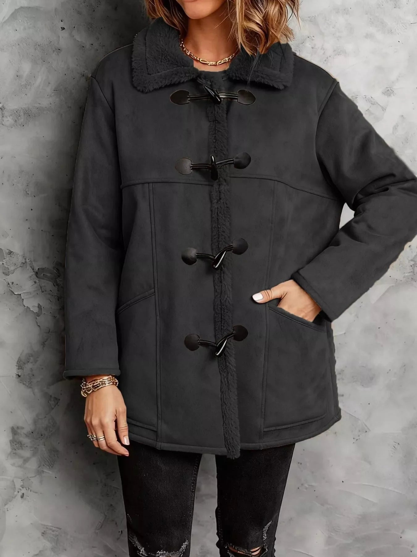 Faux Suede Sherpa Lined Toggle Coat