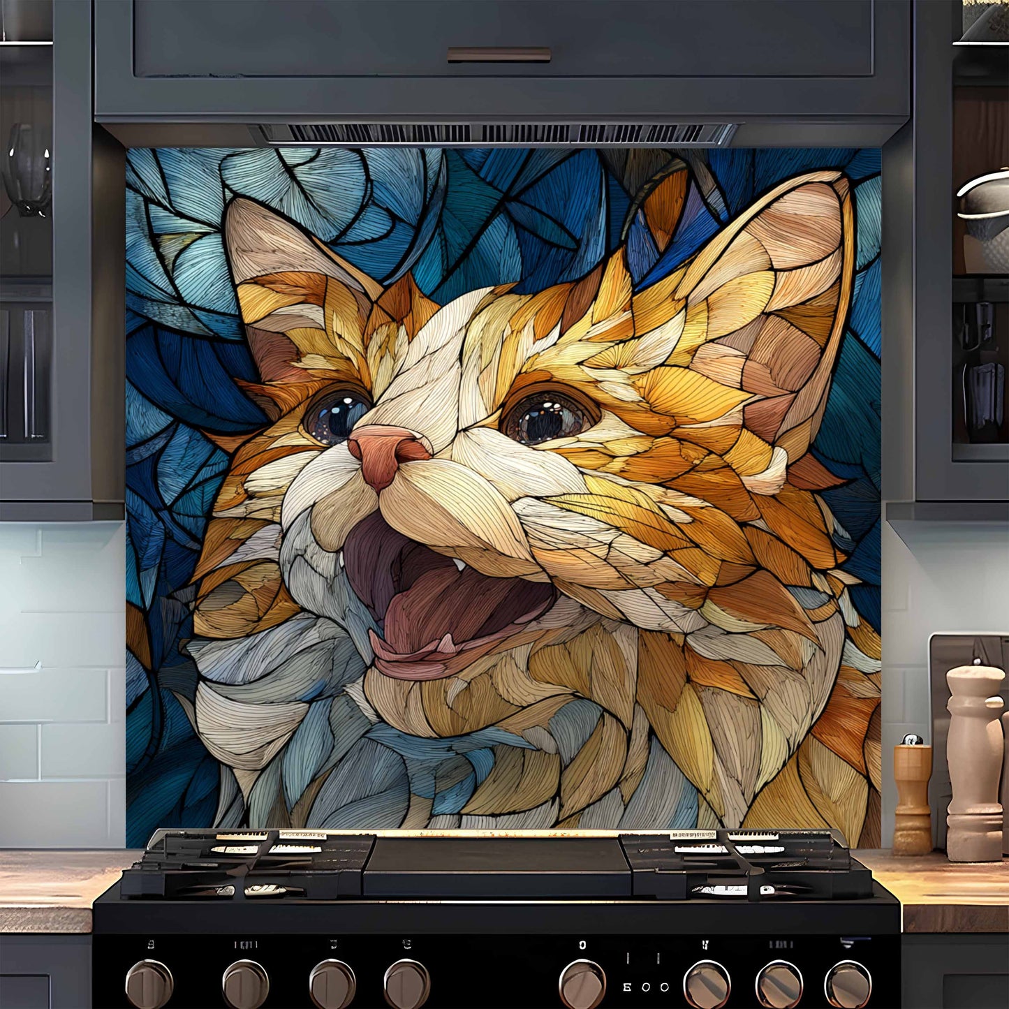 Whisker Joy Tempered Glass Backsplash – Mosaic Look Cat Art for Kitchen