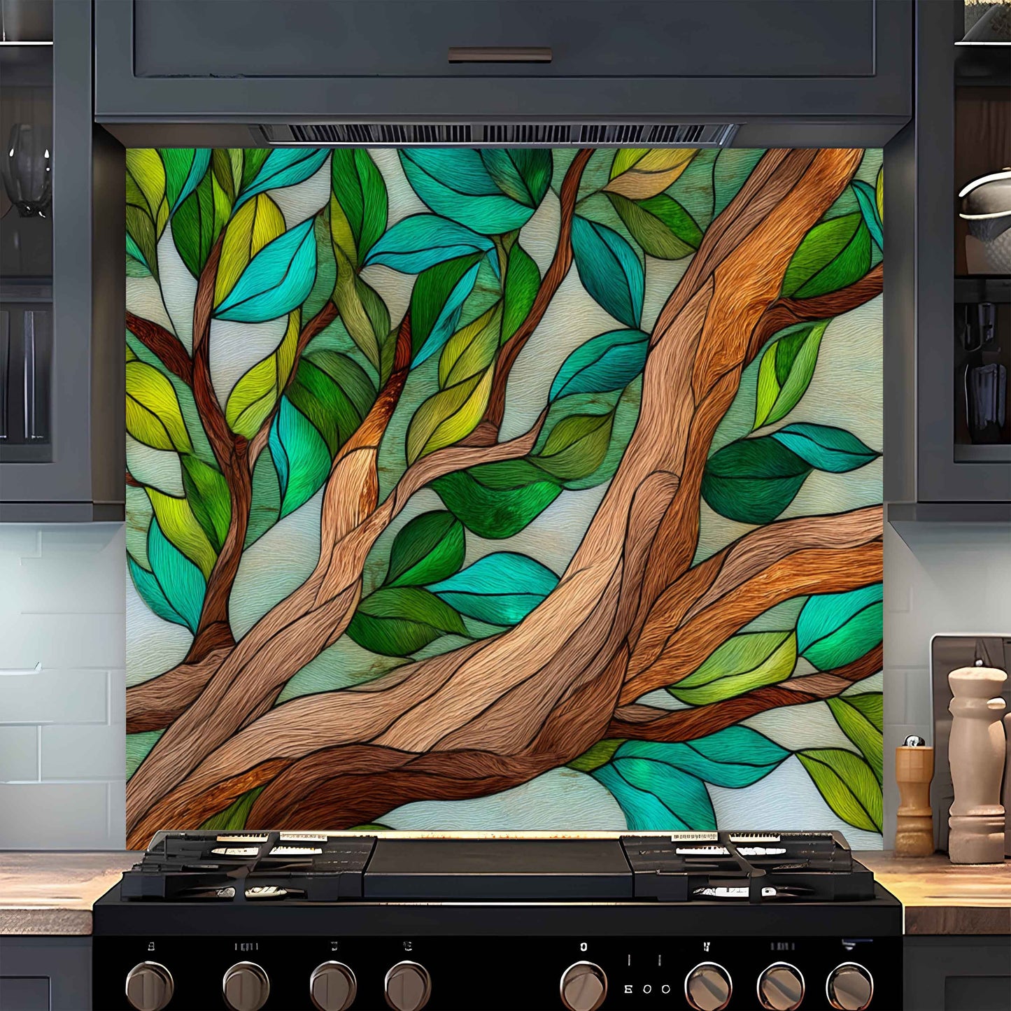 Forest Embrace – Tempered Glass Backsplash for Kitchen | Nature-Inspired Stained Glass