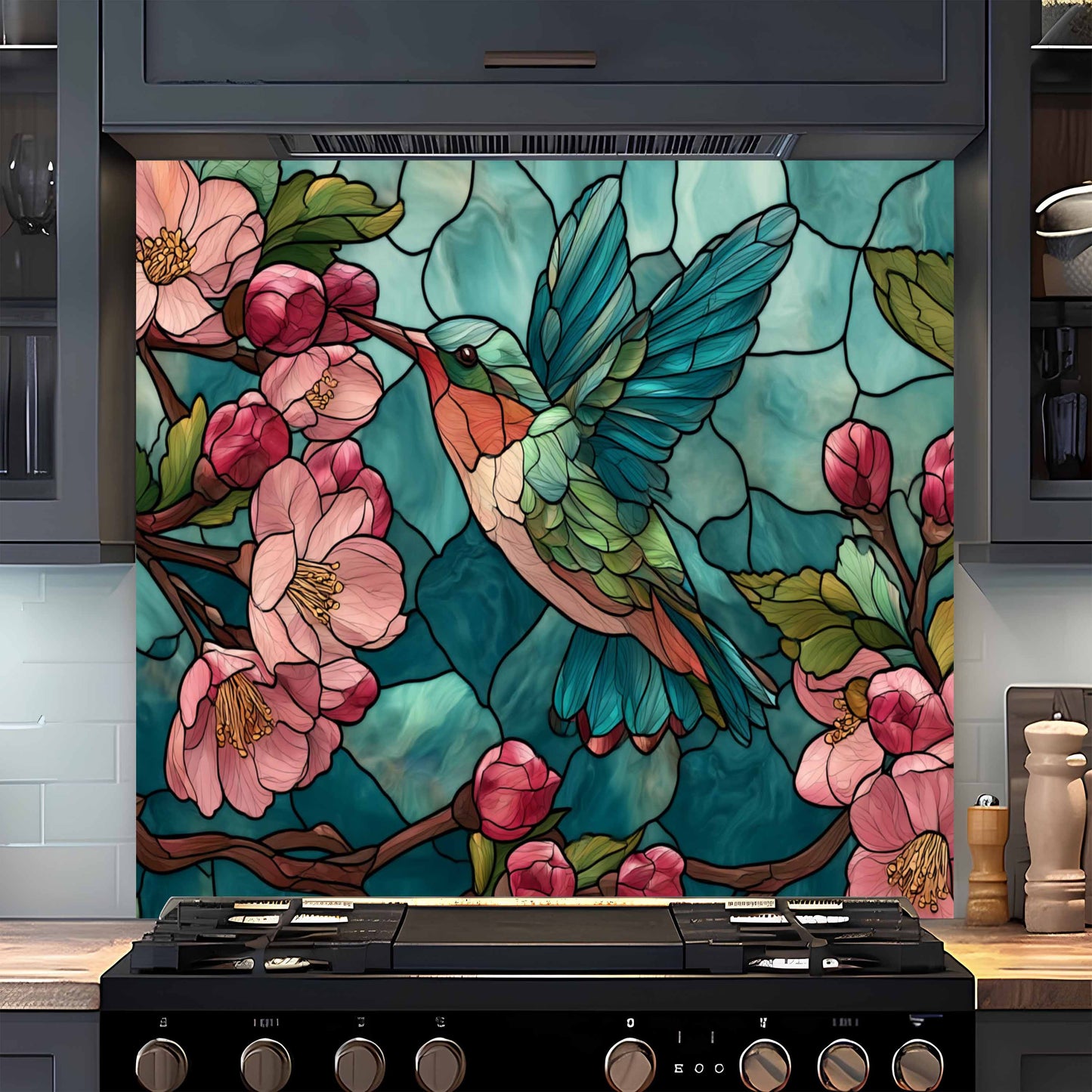 Blossom Nectar – Tempered Glass Kitchen Backsplash with Hummingbird