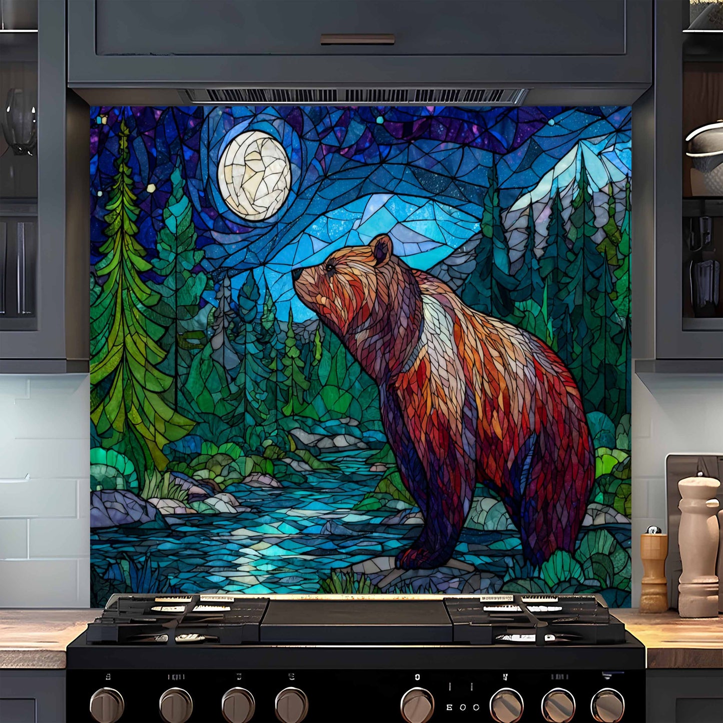 Moonlit Strength Kitchen Backsplash – Mosaic Stained Glass Look Bear Night Scene
