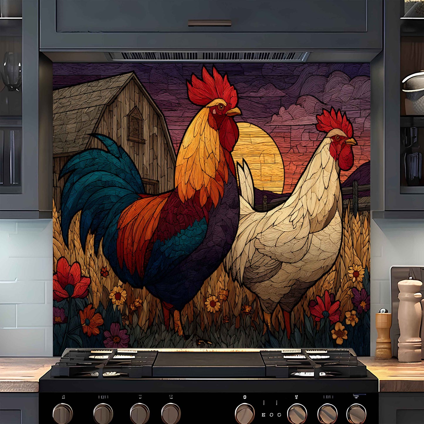 Tempered Glass Backsplash for Kitchen | Rustic Rooster and Hen Farm Scene Design