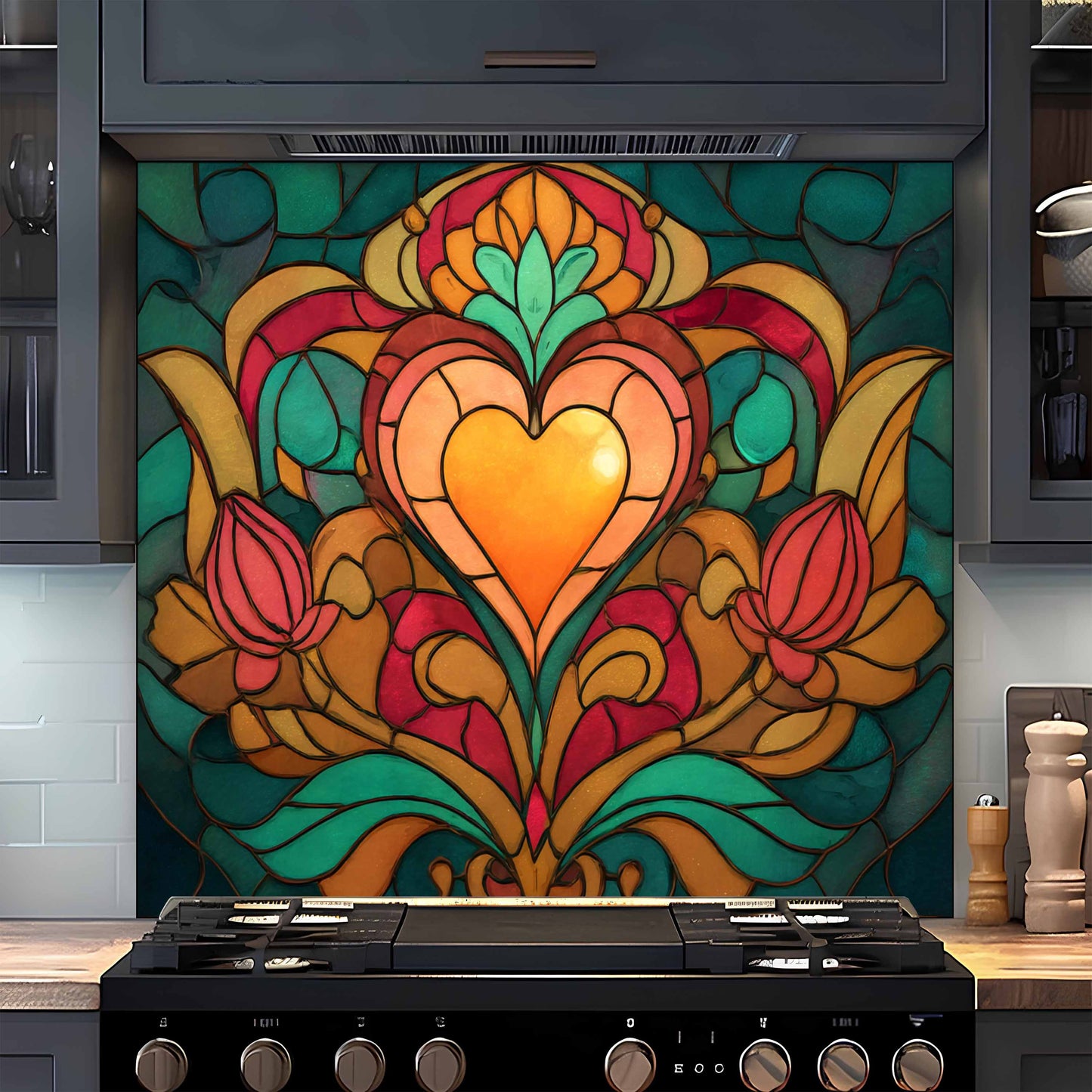 Tempered Glass Backsplash for Kitchen | Stained Glass Heart and Tulip Design